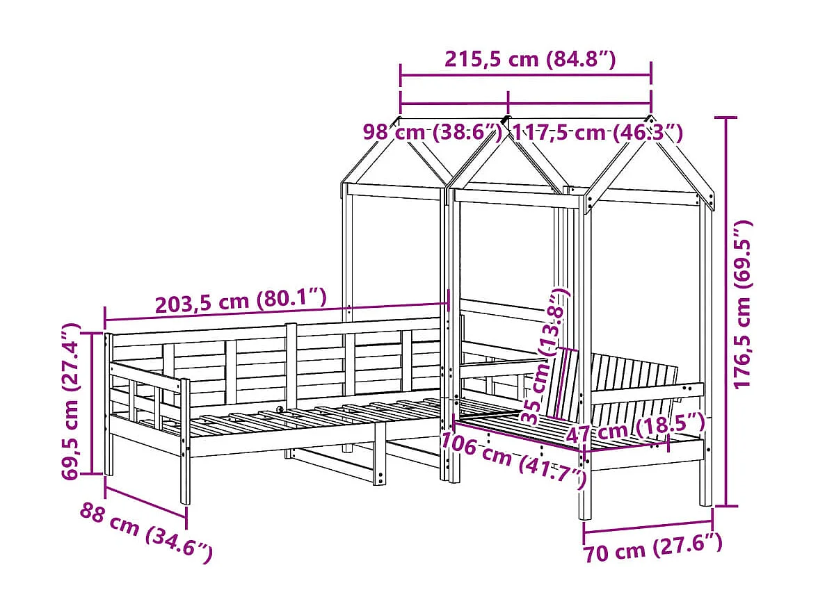 Ensemble de lit de jour et de banc et toit sans matelas blanc