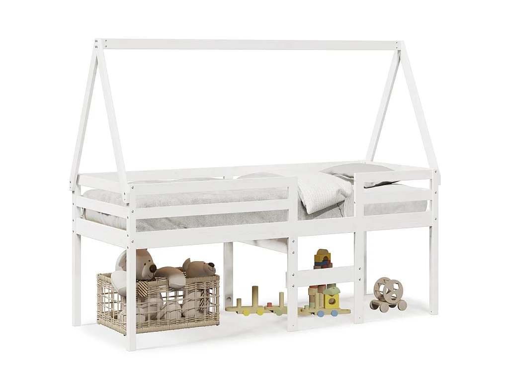 Letto a Soppalco con Tetto Bianco 90x200 cm in Legno di Pino