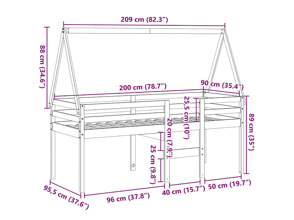 Letto a Soppalco con Tetto Bianco 90x200 cm in Legno di Pino