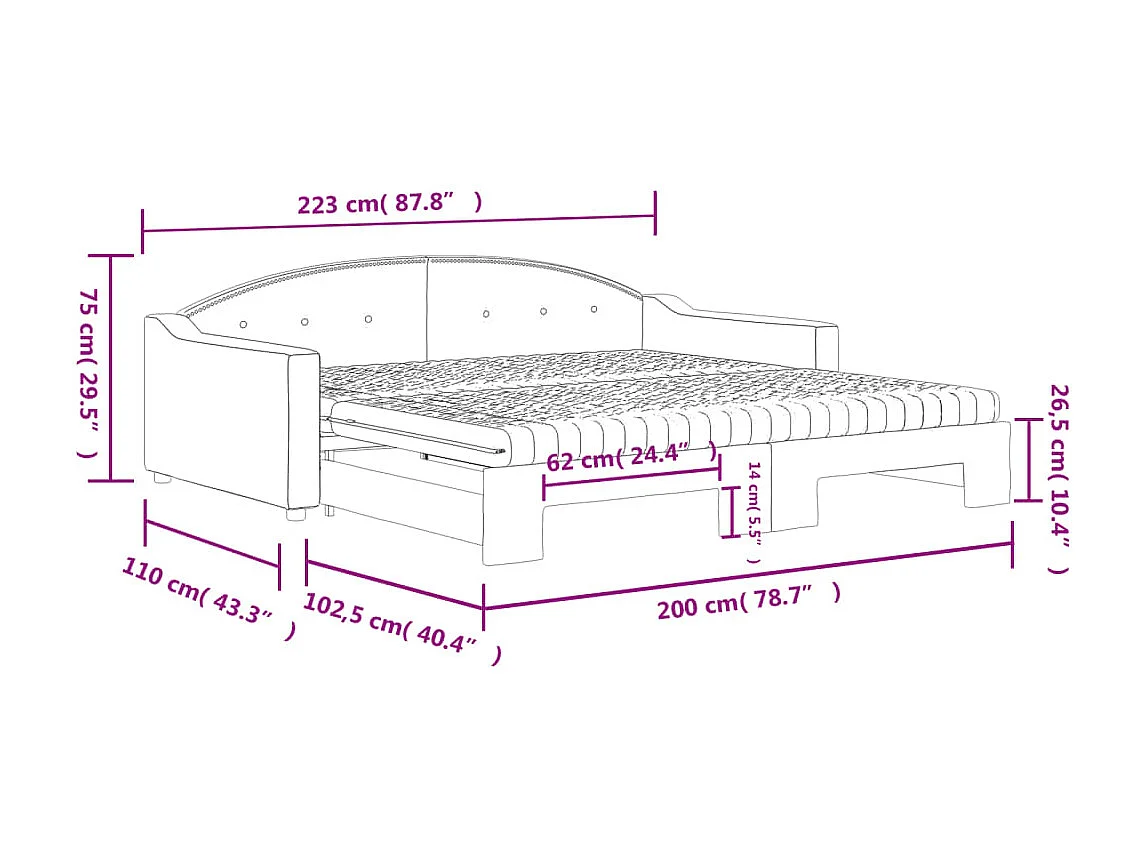 Lit de jour avec gigogne et matelas taupe 100x200 cm tissu