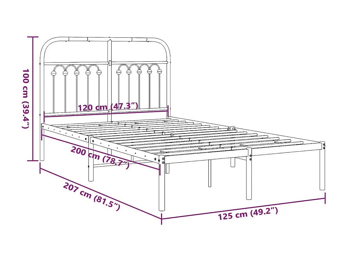 Cadre de lit métal sans matelas avec tête de lit noir 120x200cm