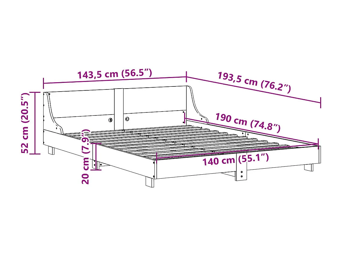Bedframe zonder matras massief grenenhout wit 140x190 cm