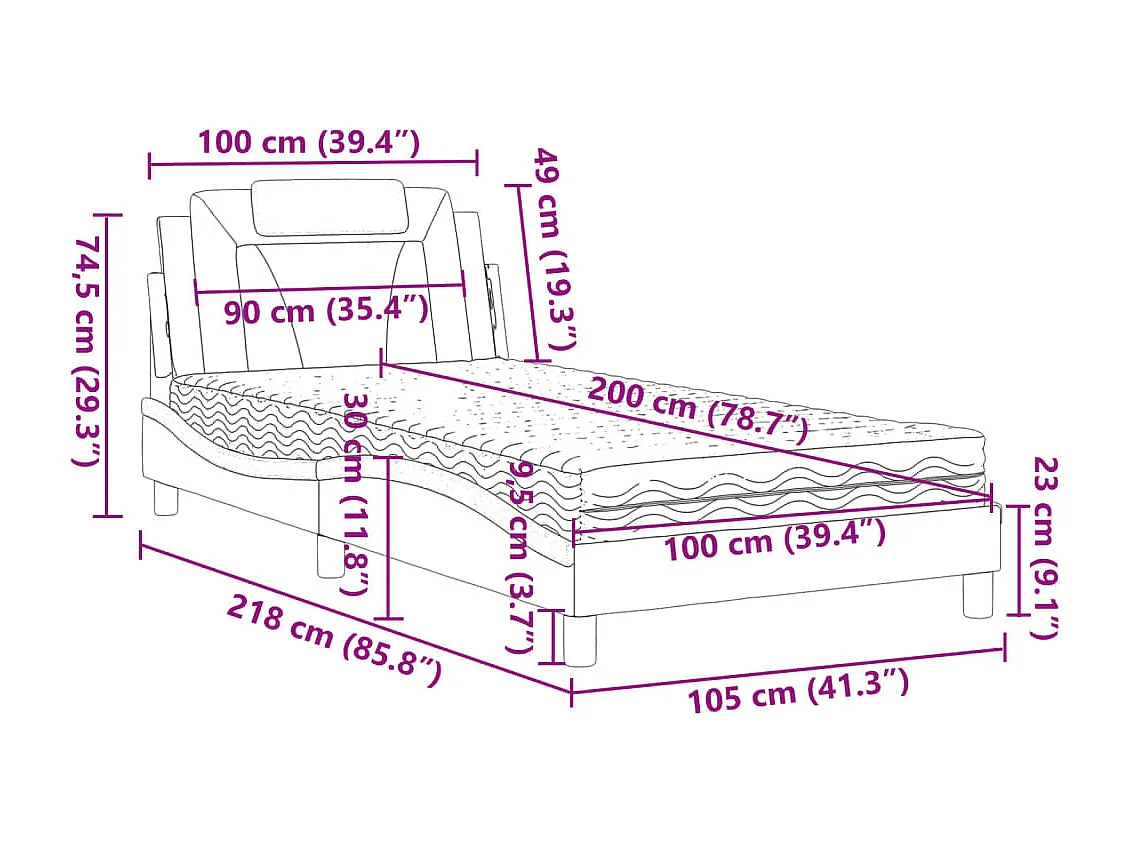 Lit Viana avec matelas gris 100x200 cm similicuir