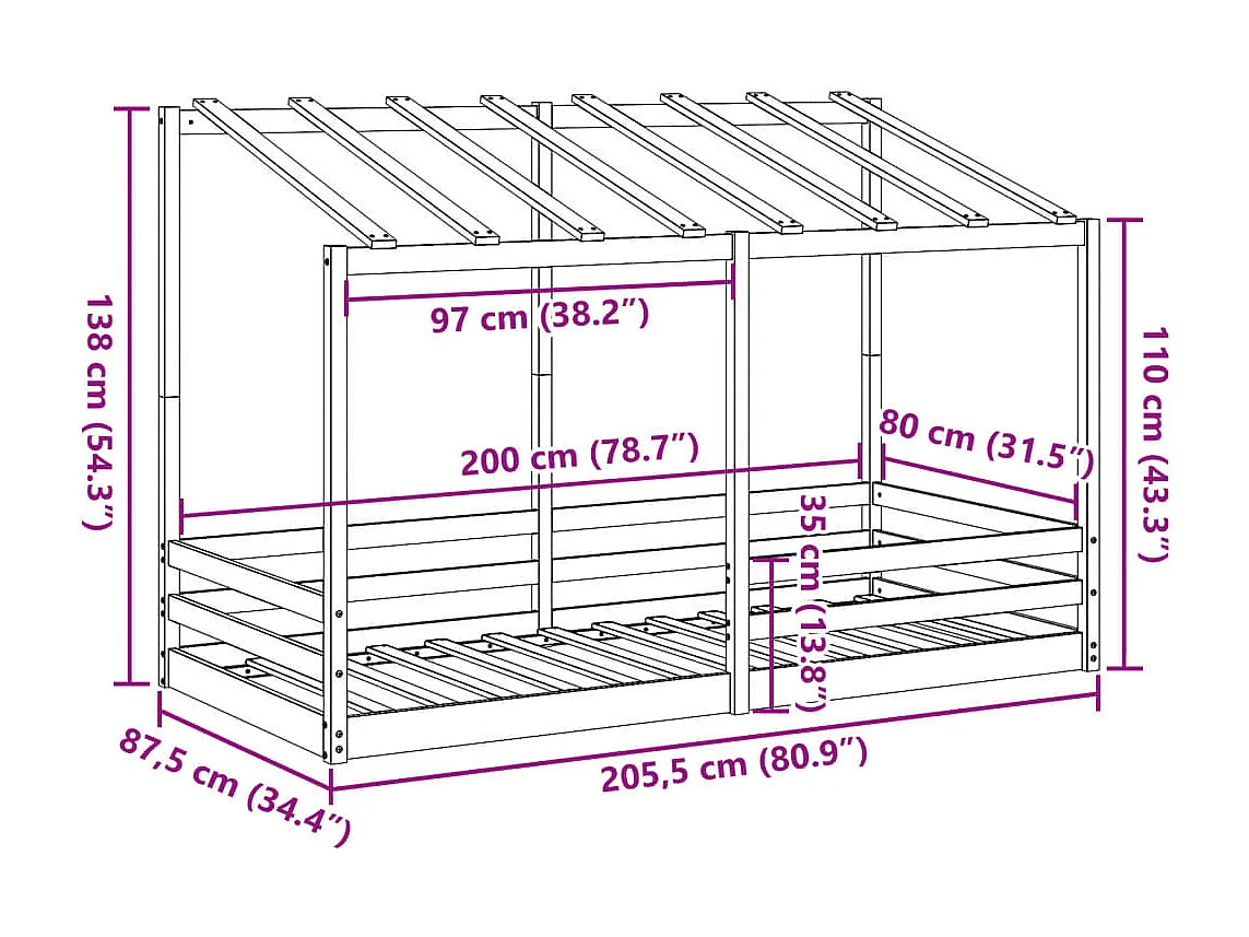 Kinderbed met bedhuis 80x200 cm massief grenenhout wit