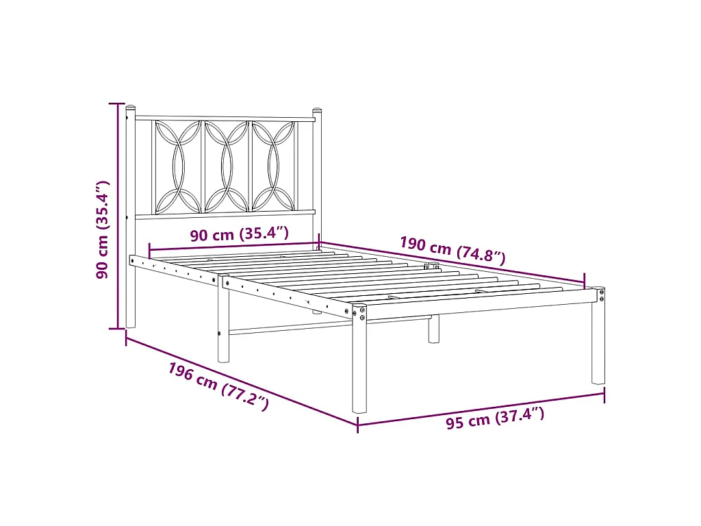Cadre de lit métal sans matelas avec tête de lit noir 90x190 cm