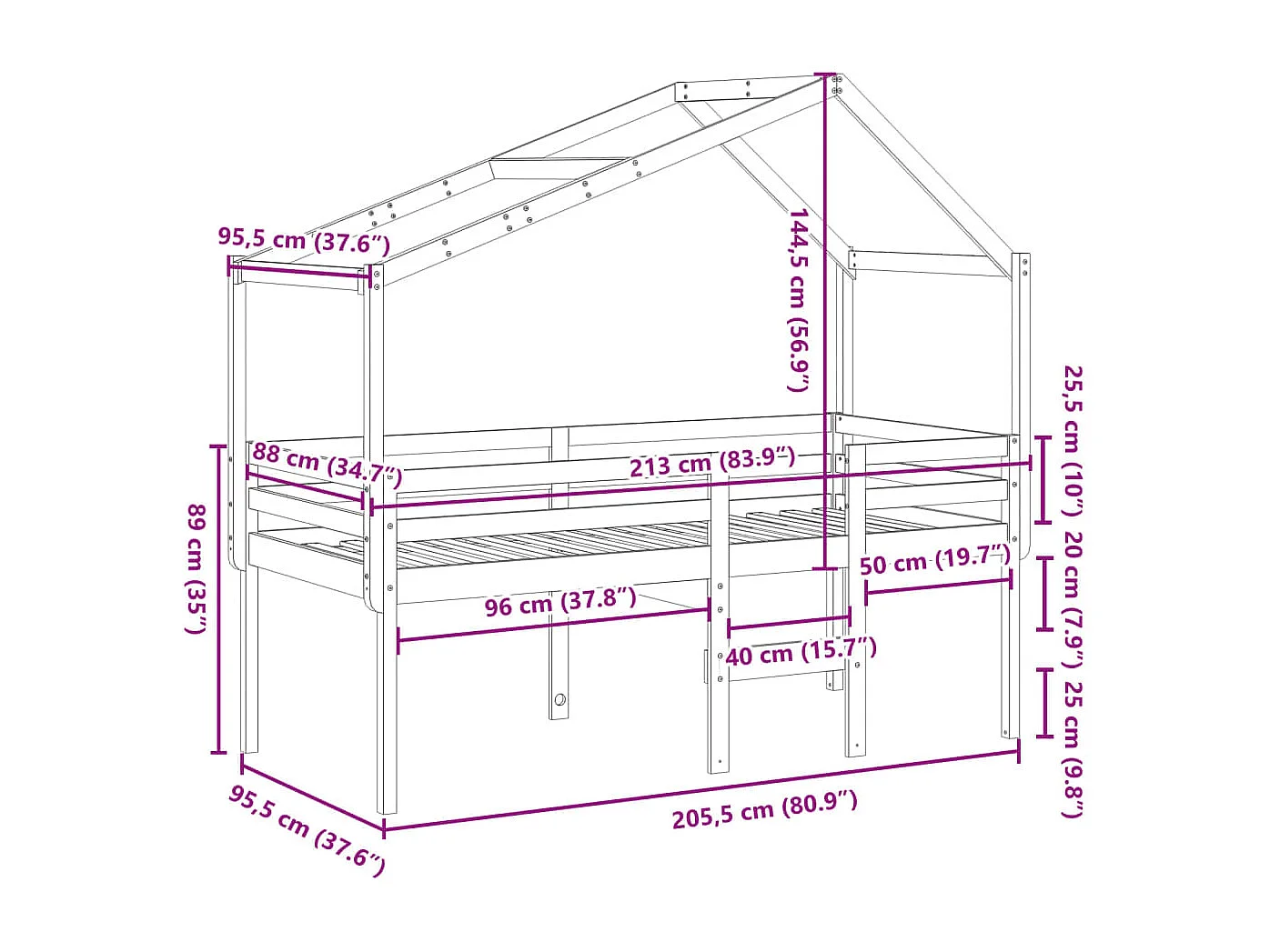 Letto a Soppalco con Tetto Bianco 90x200 cm Legno Massello Pino
