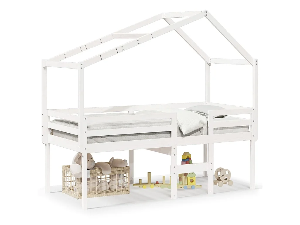 Letto a Soppalco con Tetto Bianco 90x200 cm Legno Massello Pino