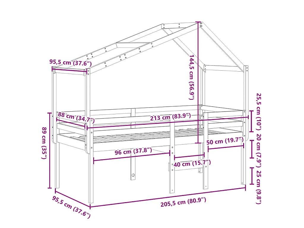 Letto a Soppalco con Tetto Bianco 90x200 cm Legno Massello Pino