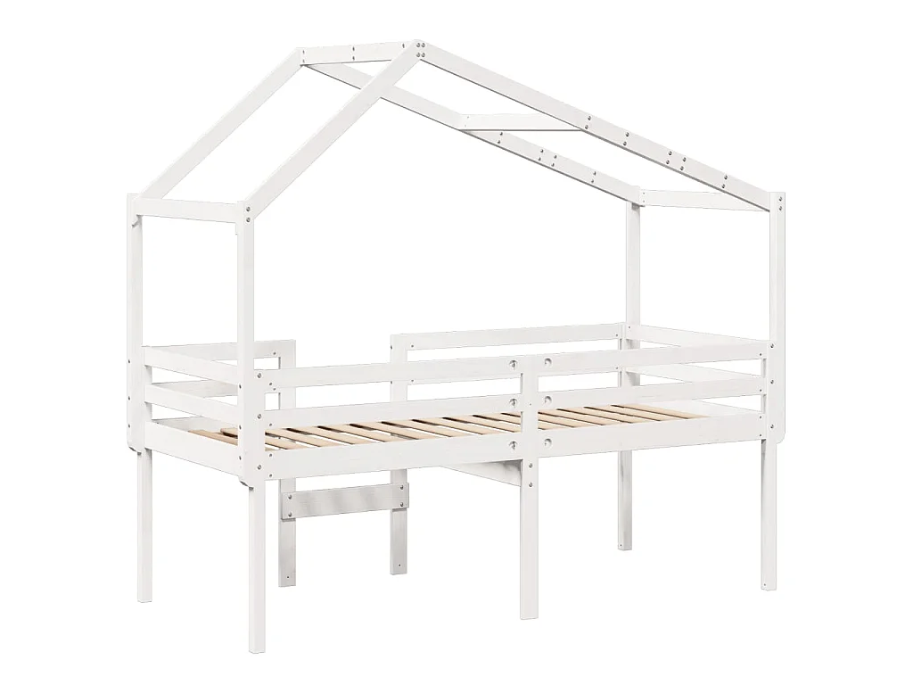 Letto a Soppalco con Tetto Bianco 90x200 cm Legno Massello Pino