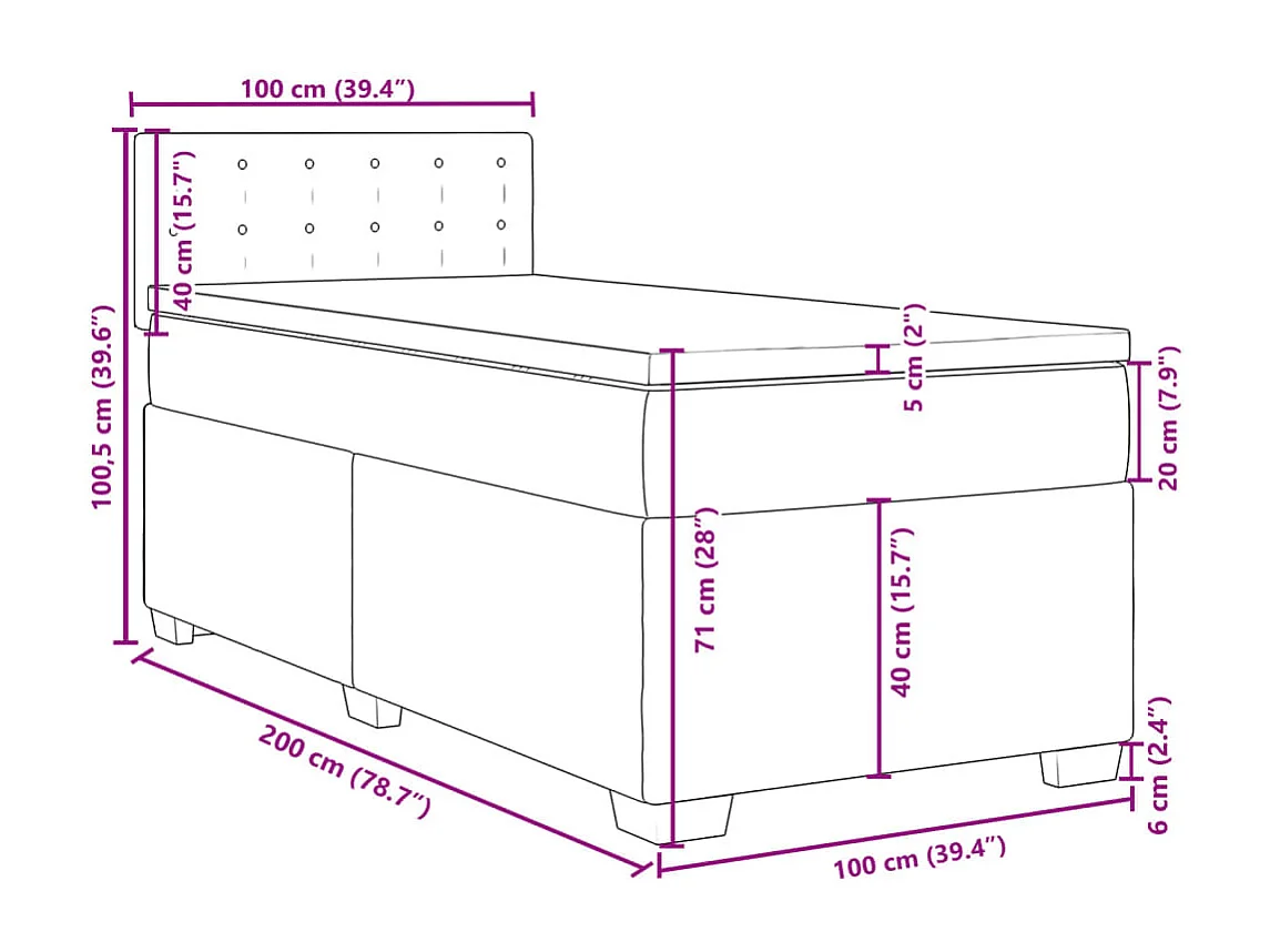 Cama box spring con colchón terciopelo negro 100x200 cm