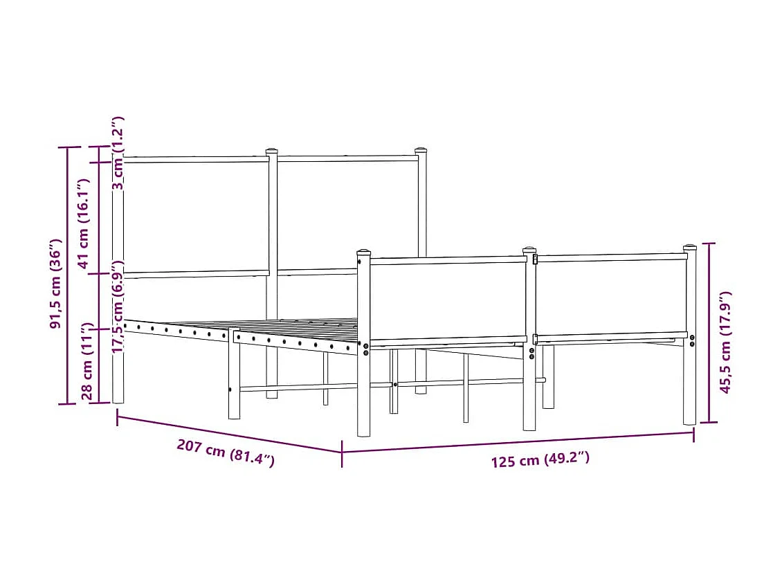 Cadre de lit en métal sans matelas chêne marron 120x200 cm