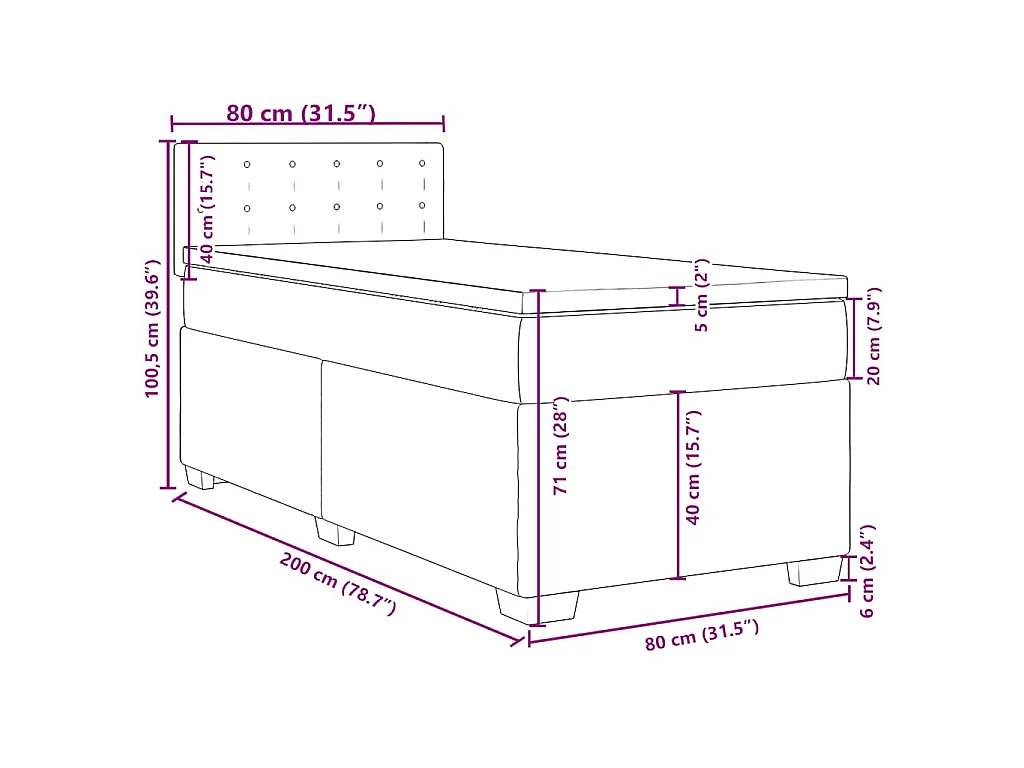 Cama box spring con colchón terciopelo verde oscuro 80x200 cm