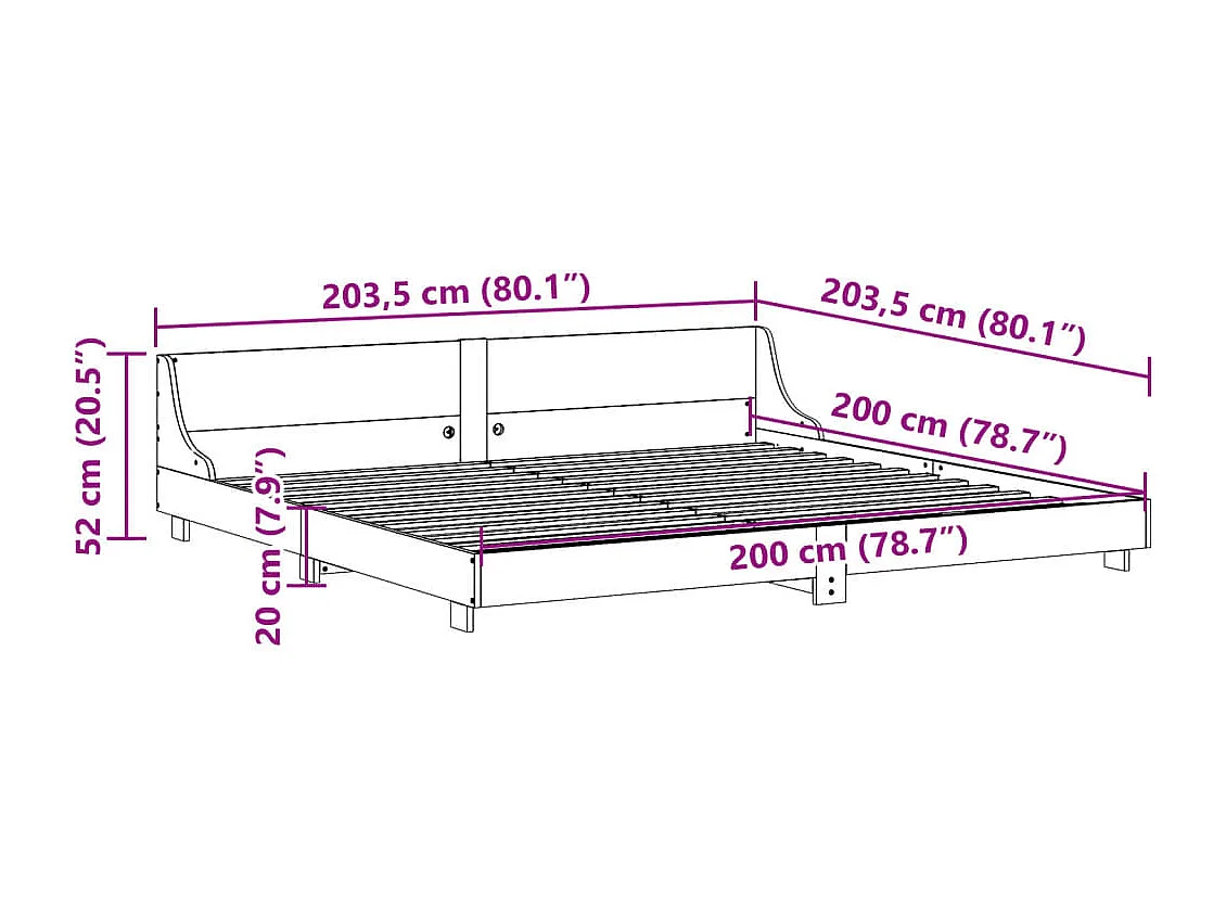 Letto senza Materasso 200x200 cm in Legno Massello di Pino