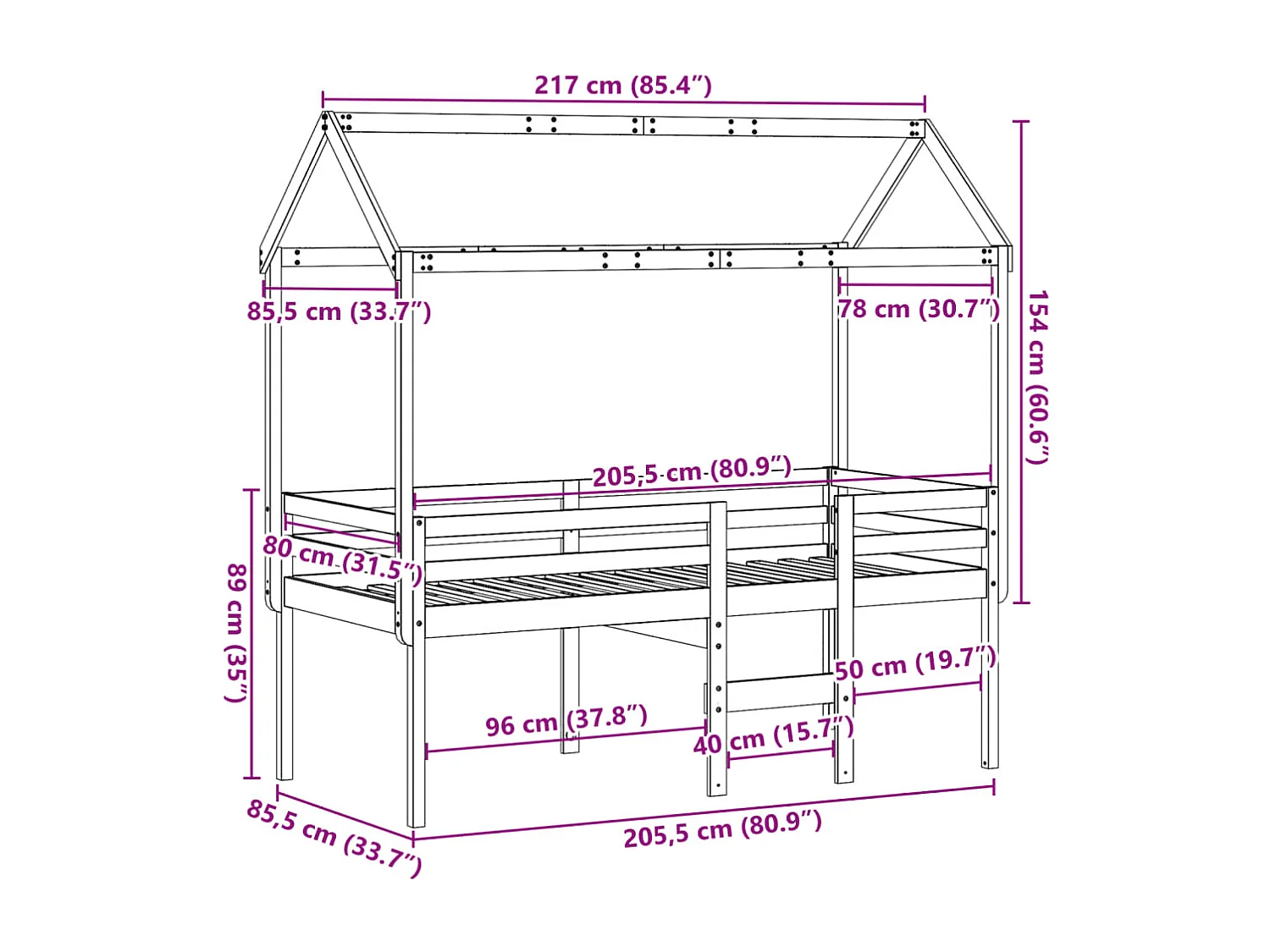 Hoogslaper met bedhuis massief grenenhout wasbruin 80x200 cm
