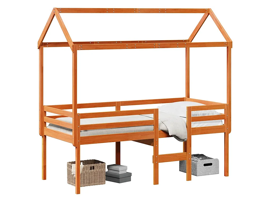 Cama alta con techo madera maciza de pino marrón cera 80x200 cm
