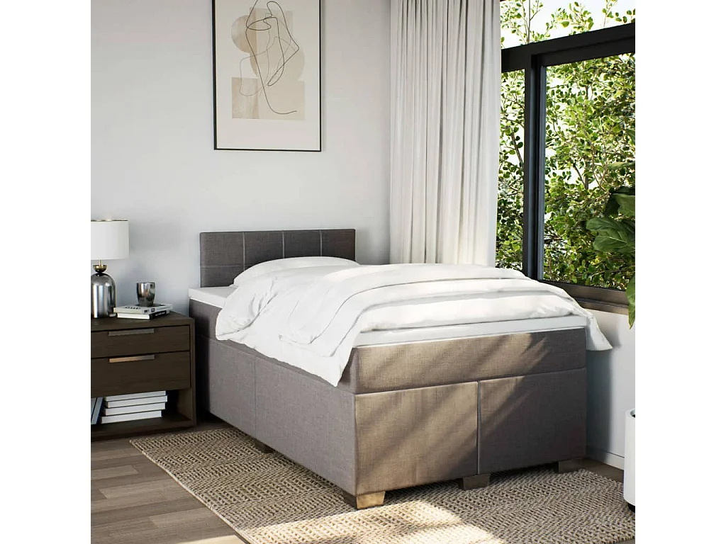Cama box spring con colchón tela gris taupe 120x200 cm