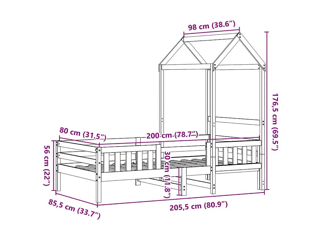 Cadre de lit avec toit sans matelas cire marron 80x200 cm