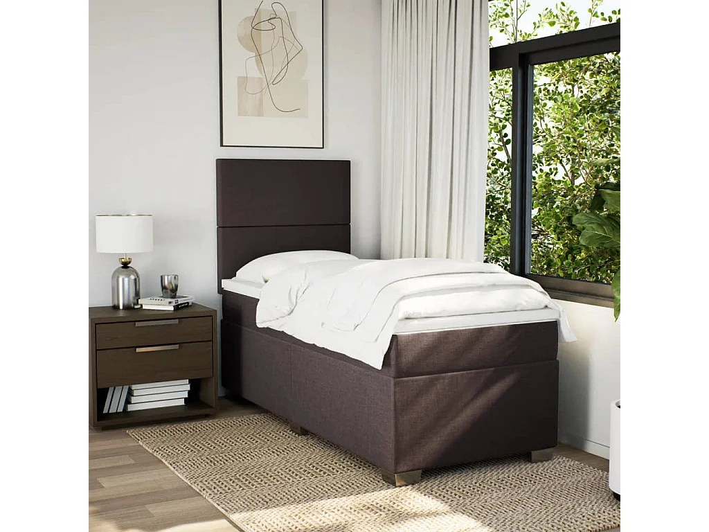 Cama box spring con colchón tela marrón oscuro 80x200 cm