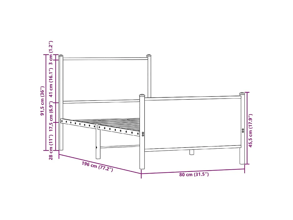 Cadre de lit en métal sans matelas chêne marron 75x190 cm