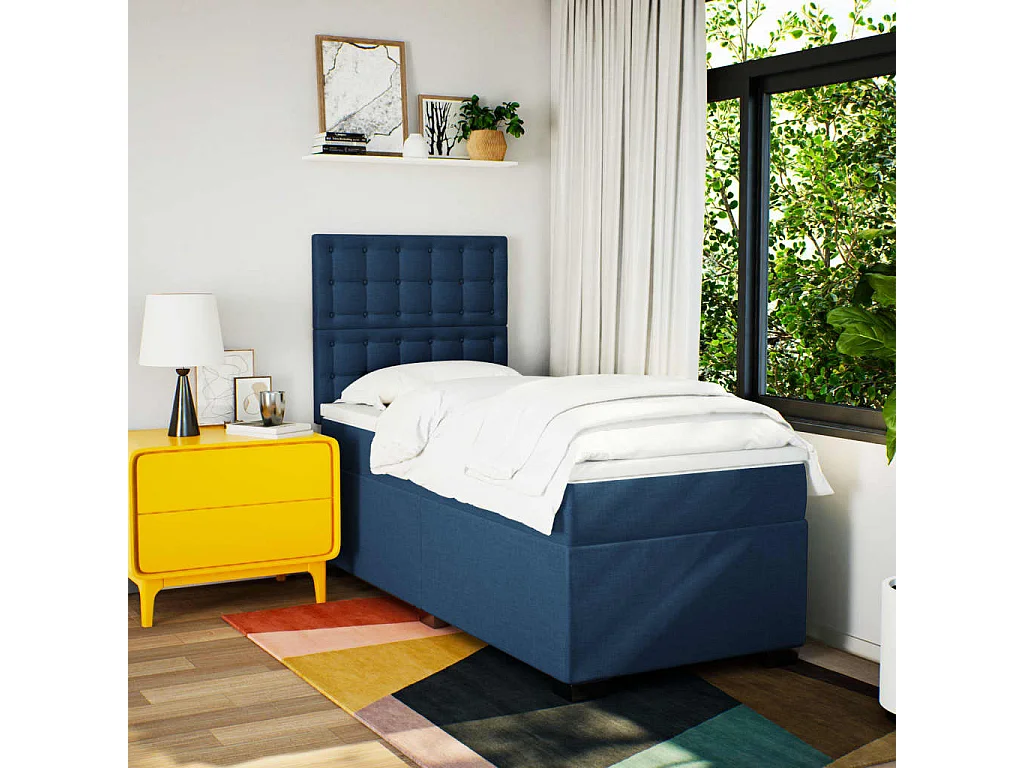 Cama box spring con colchón tela azul 80x200 cm