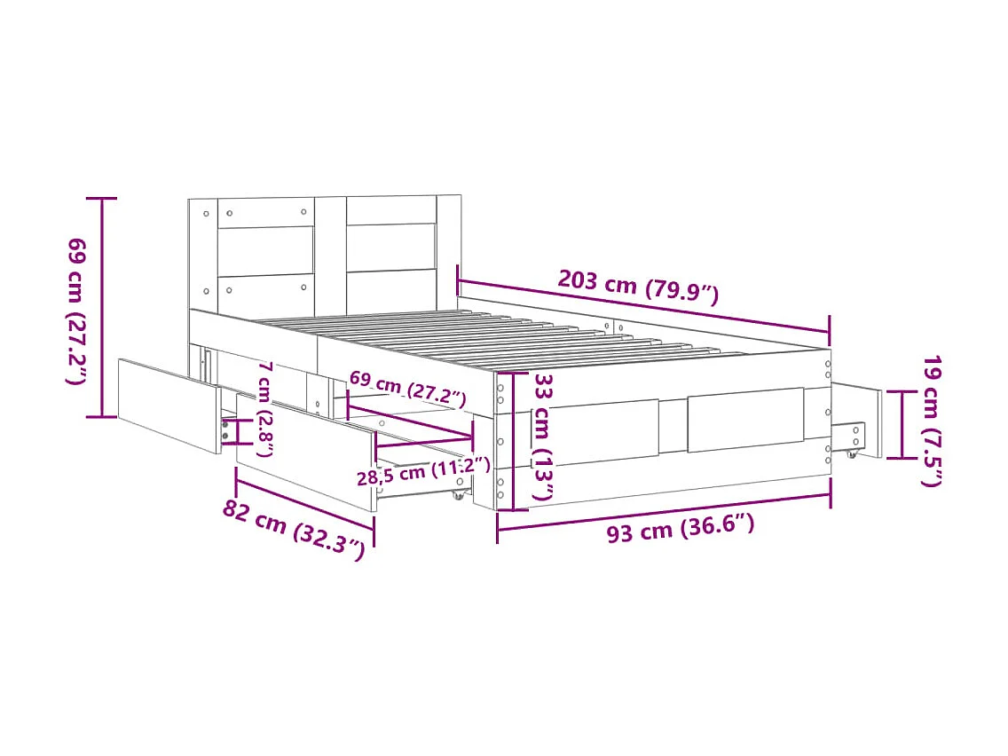 Estrutura cama c/ cabeceira sem colchão 90x200 cm preto
