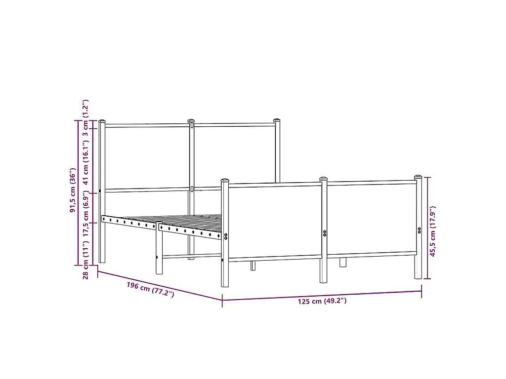 Cadre de lit en métal sans matelas chêne fumé 120x190 cm