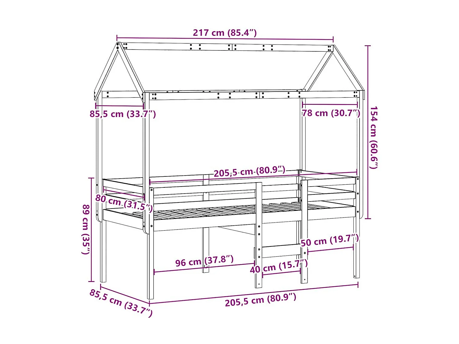 Letto a Soppalco con Tetto Bianco 80x200 cm in Legno di Pino