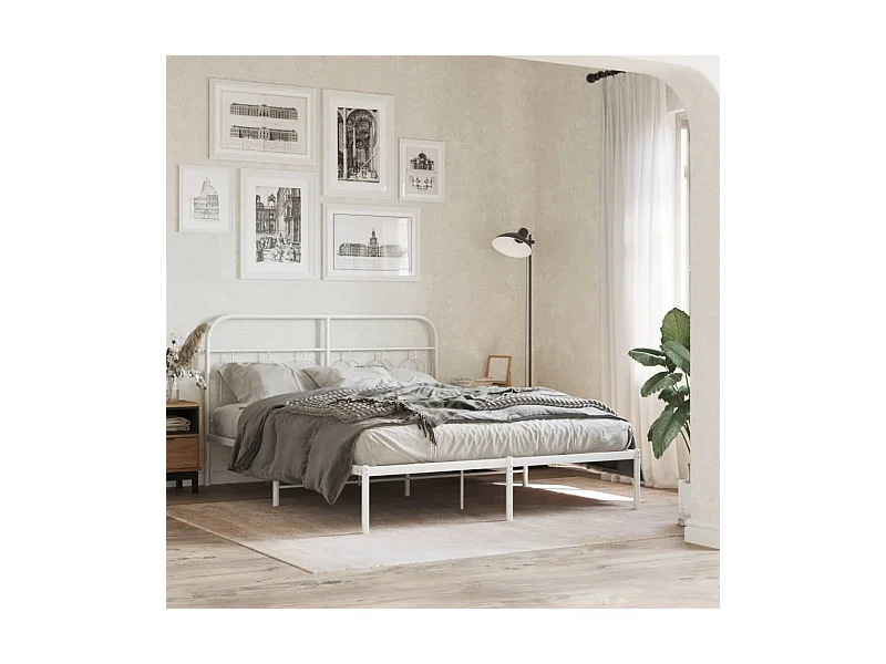 Cadre de lit métal sans matelas et tête de lit blanc 135x190 cm