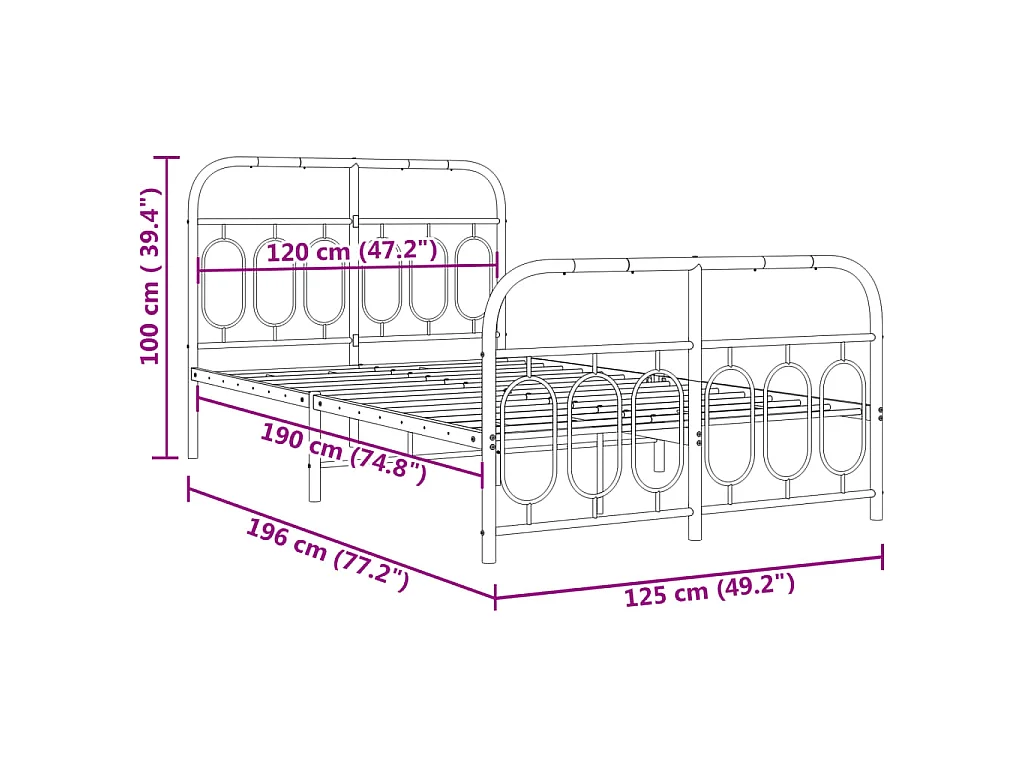 Cadre de lit métal sans matelas avec pied de lit noir 120x190cm