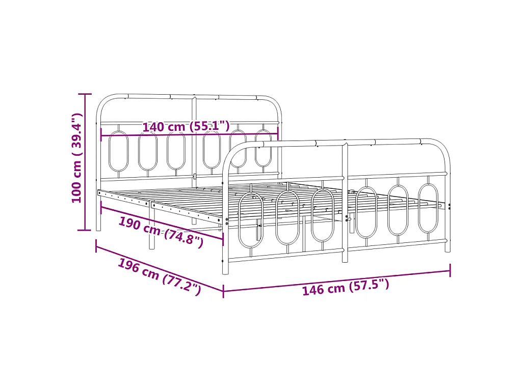 Cadre de lit métal sans matelas et pied de lit blanc 140x190 cm