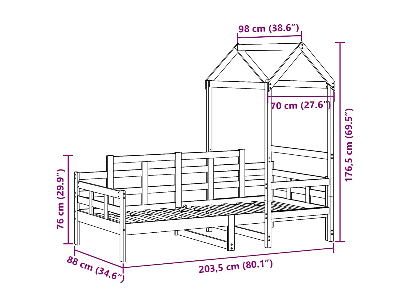 Lit de jour avec toit sans matelas 80x200 cm bois massif