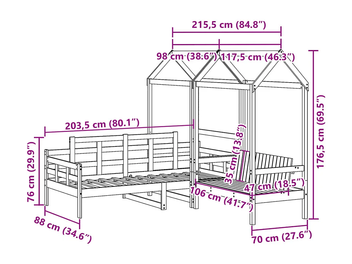 Set Dormeuse e Panca con Tetto Bianco 80x200cm Massello Pino