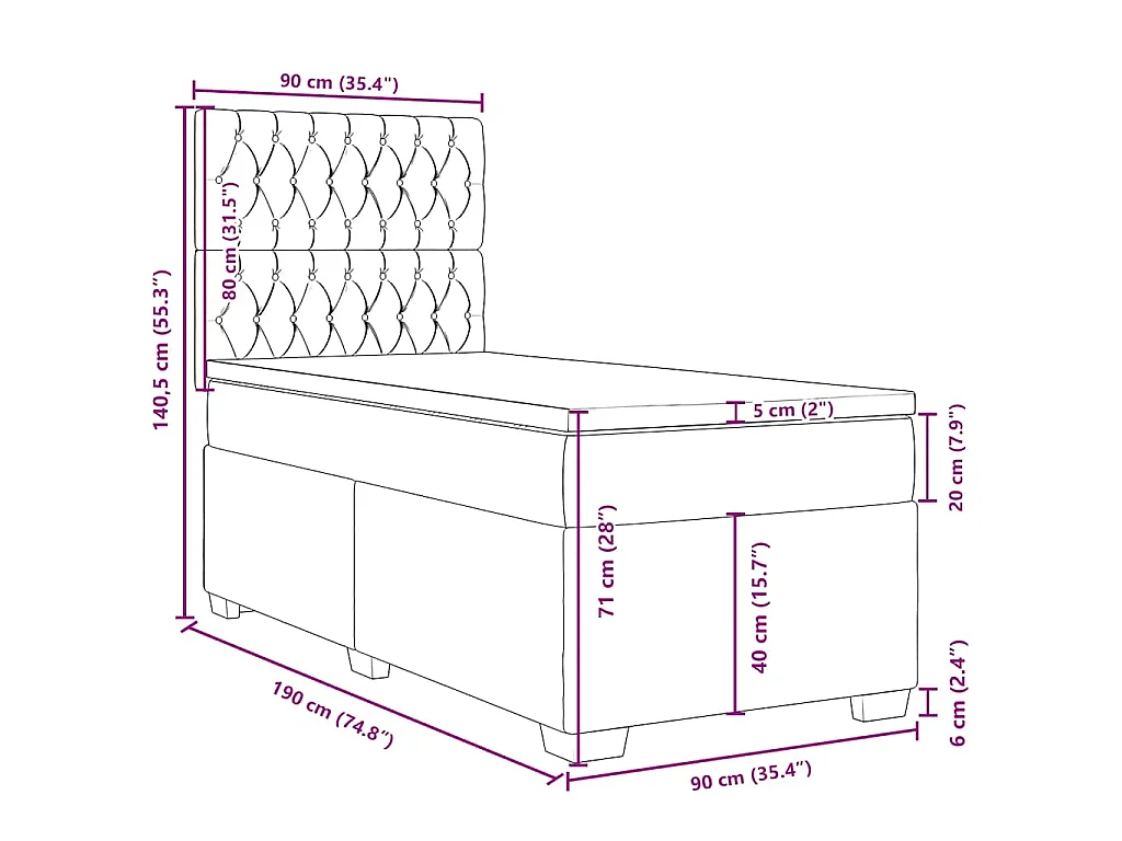 Cama box spring con colchón terciopelo rosa 90x190 cm