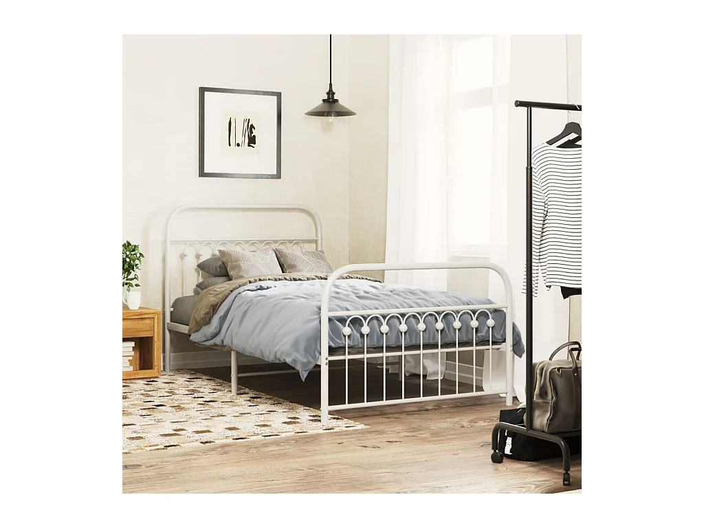 Cadre de lit métal sans matelas et pied de lit blanc 100x200 cm