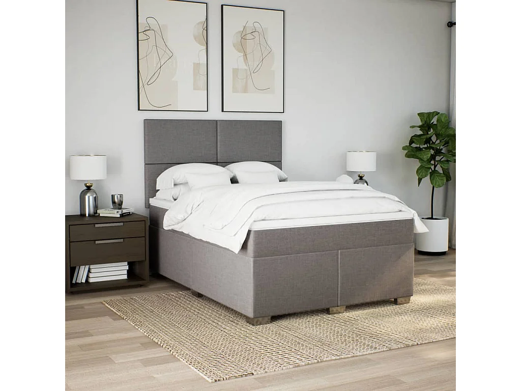 Cama box spring con colchón tela gris taupe 140x200 cm