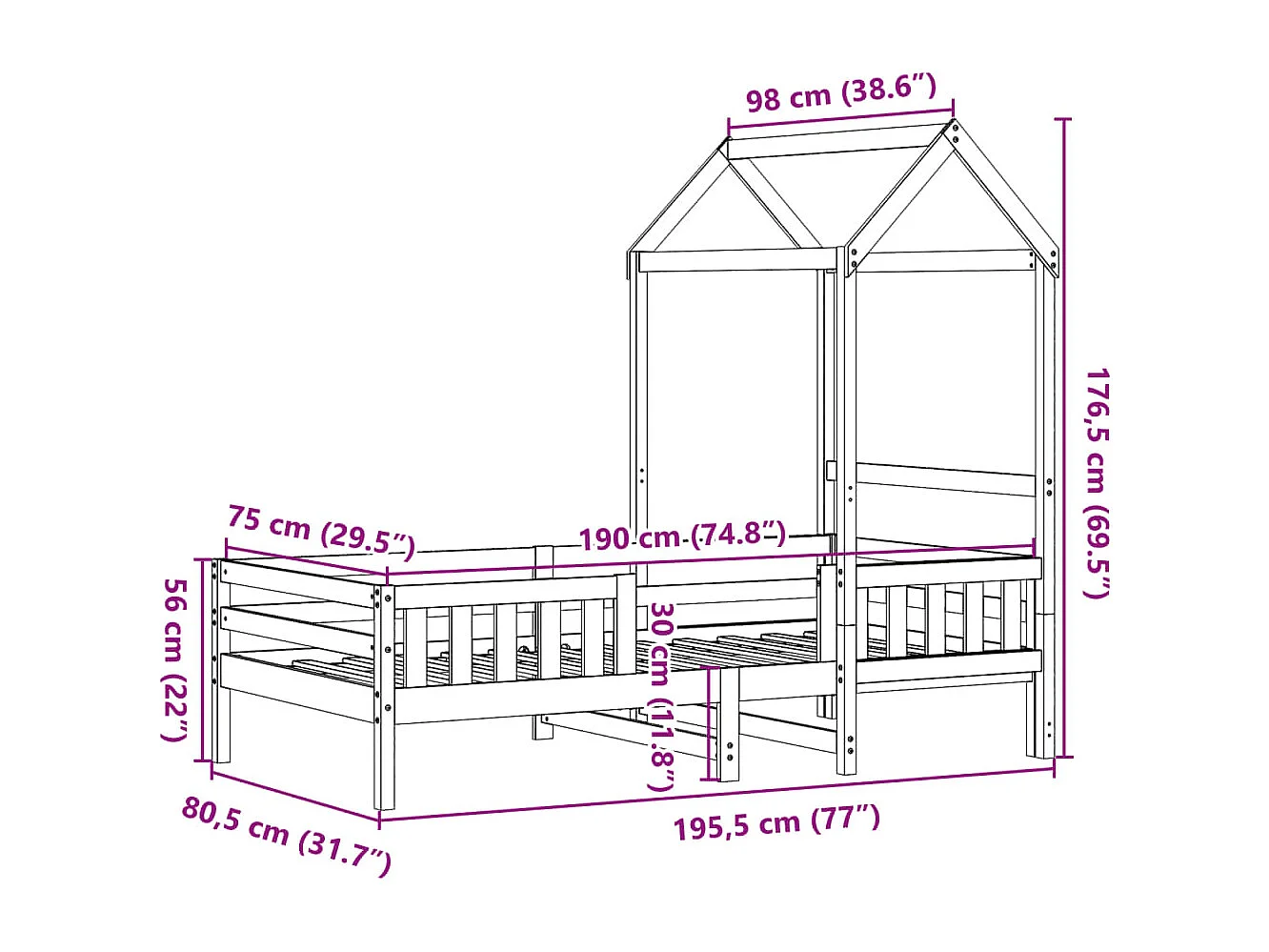 Cadre de lit avec toit sans matelas blanc 75x190 cm