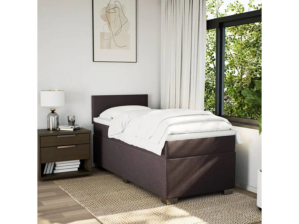 Cama box spring con colchón tela marrón oscuro 90x190 cm