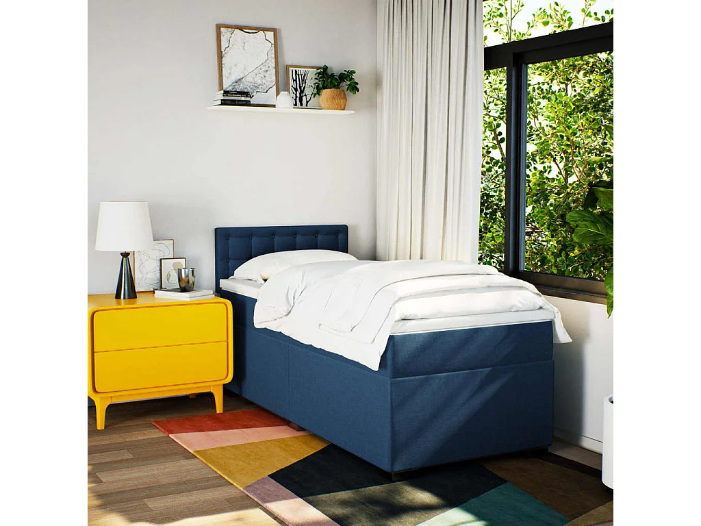 Cama box spring con colchón tela azul 80x200 cm