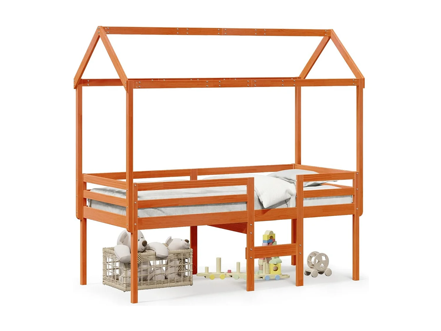 Hochbett mit Dach Wachsbraun 90x200 cm Massivholz Kiefer