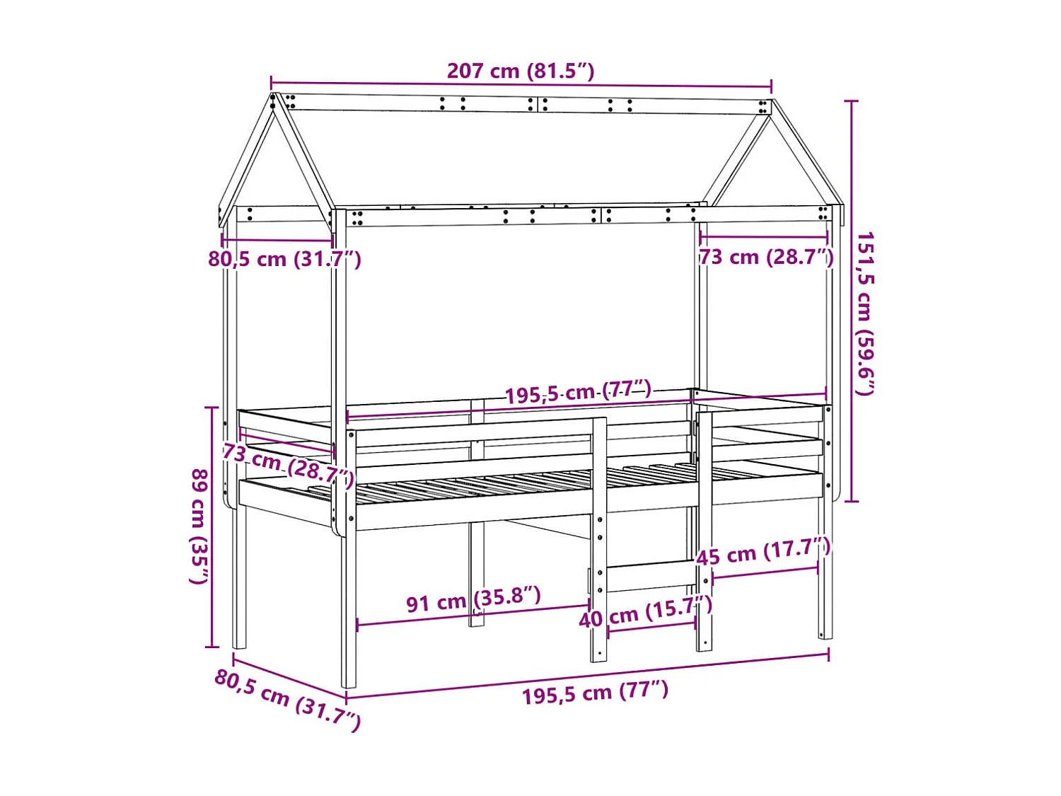 Hochbett mit Dach 75x190 cm Massivholz Kiefer