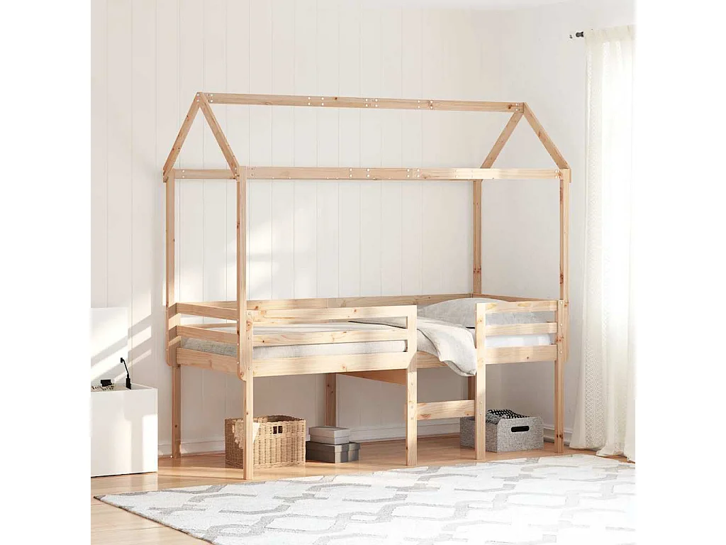Hochbett mit Dach 75x190 cm Massivholz Kiefer