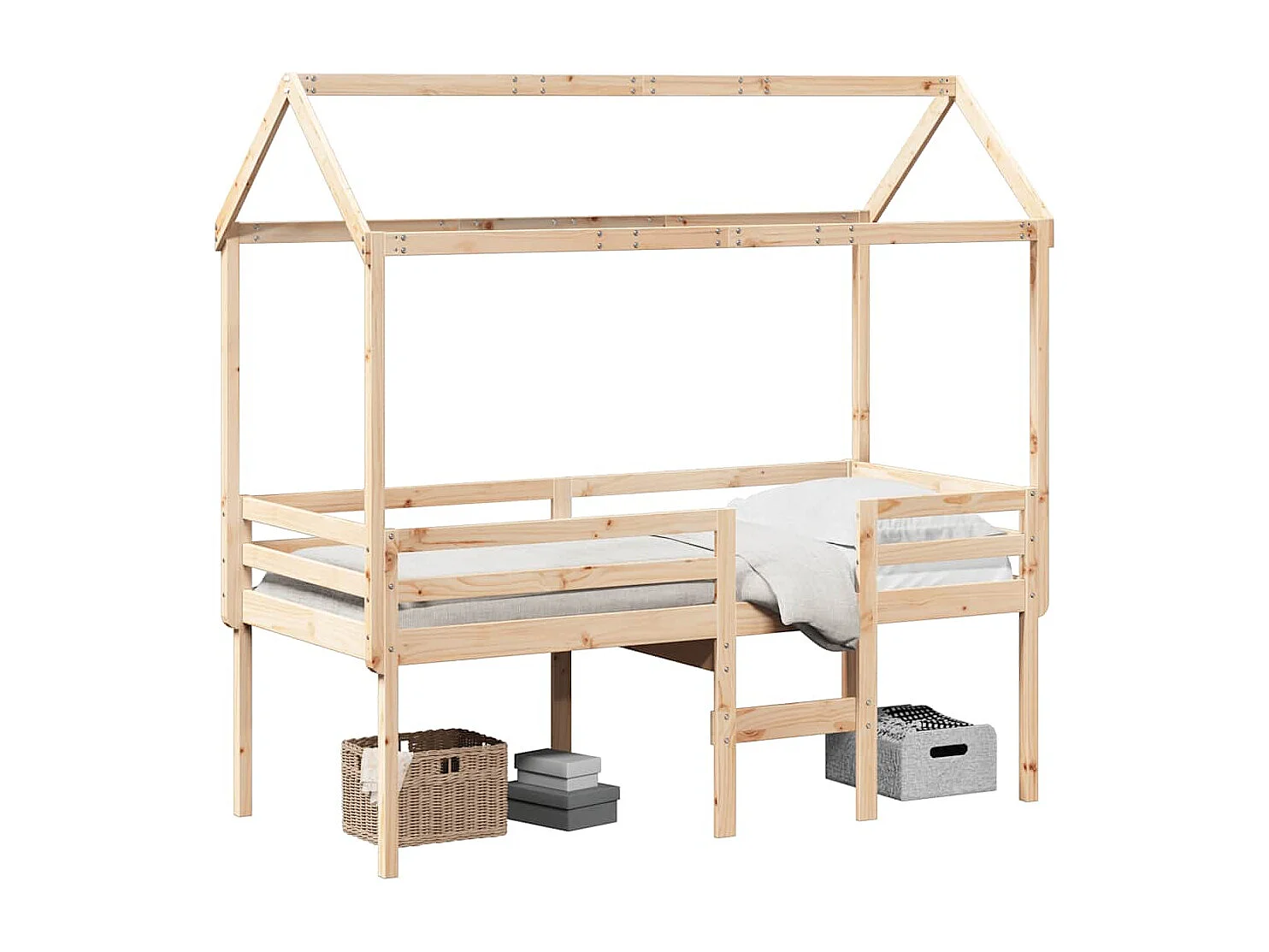 Hochbett mit Dach 75x190 cm Massivholz Kiefer