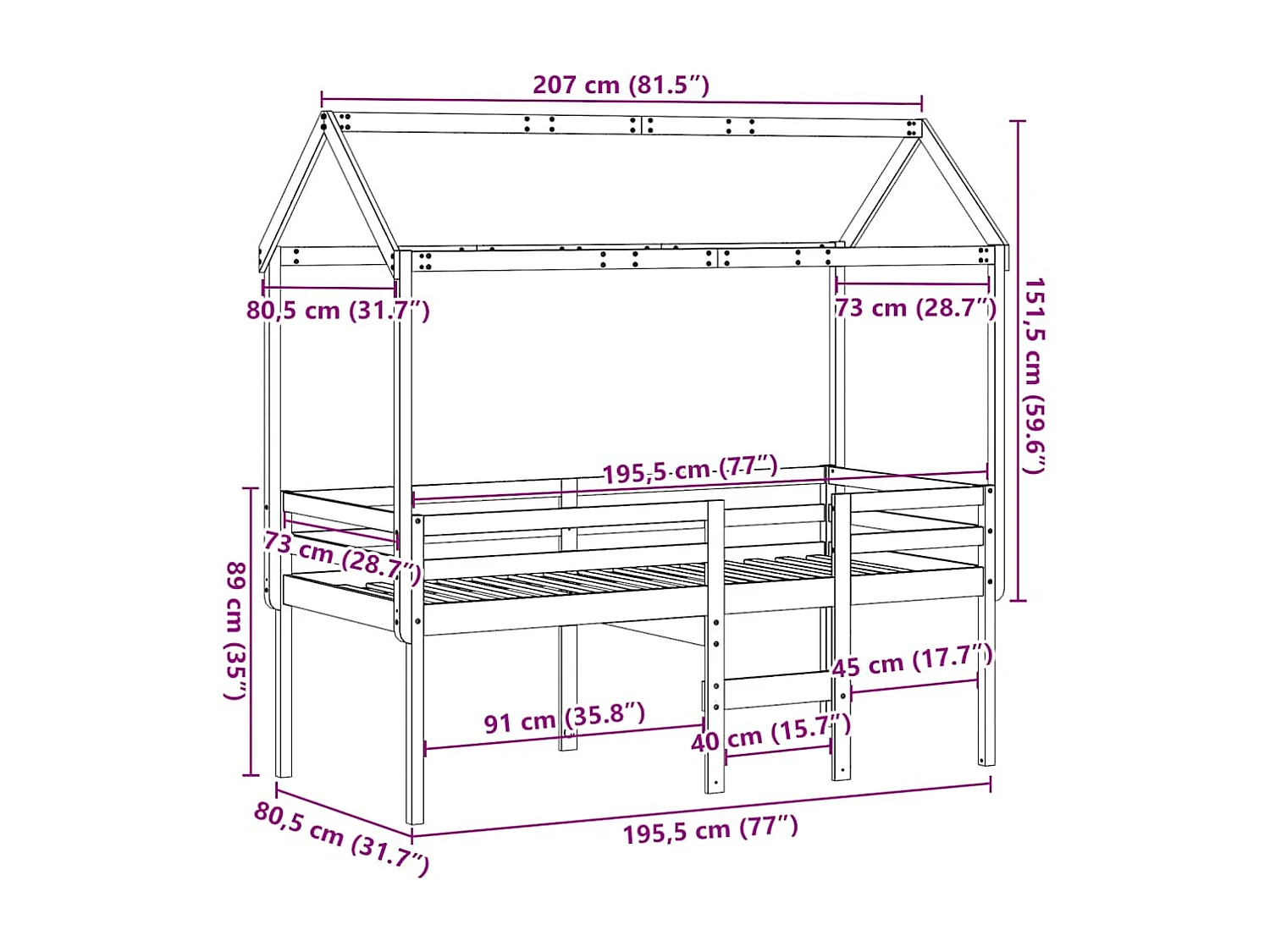 Hochbett mit Dach 75x190 cm Massivholz Kiefer