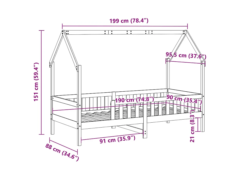Cadre de lit d'enfants forme de maison sans matelas pin