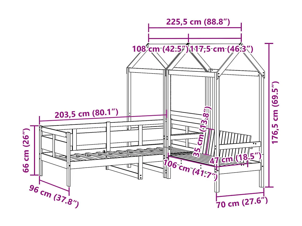 Conj. sofá-cama e banco c/ telhado 90x200cm pinho maciço branco