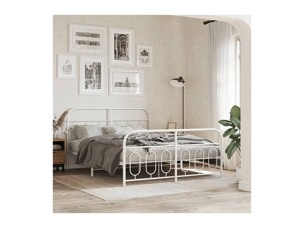 Cadre de lit métal sans matelas et pied de lit blanc 135x190 cm