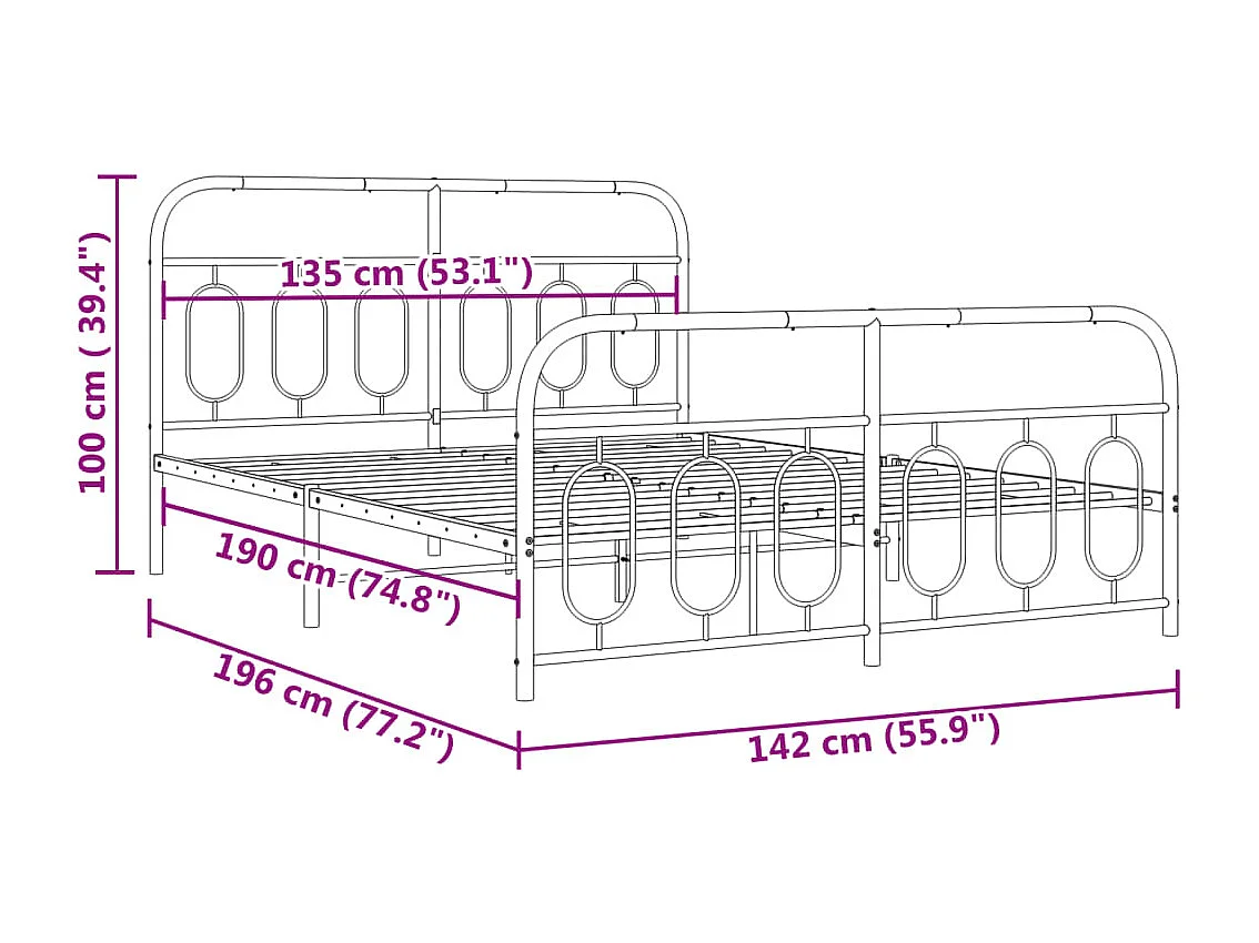 Cadre de lit métal sans matelas et pied de lit blanc 135x190 cm