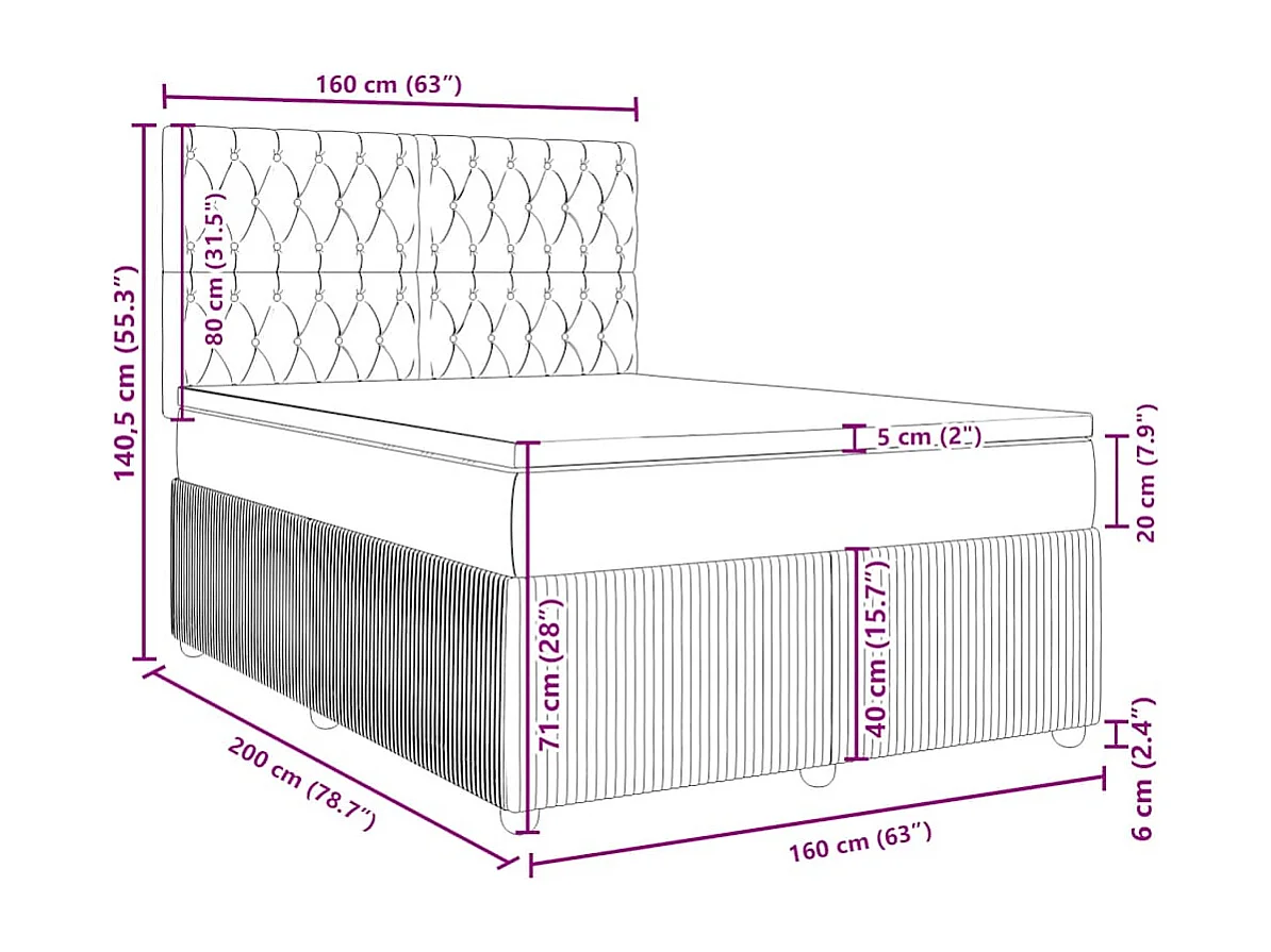 Cama box spring con colchón terciopelo negro 160x200 cm