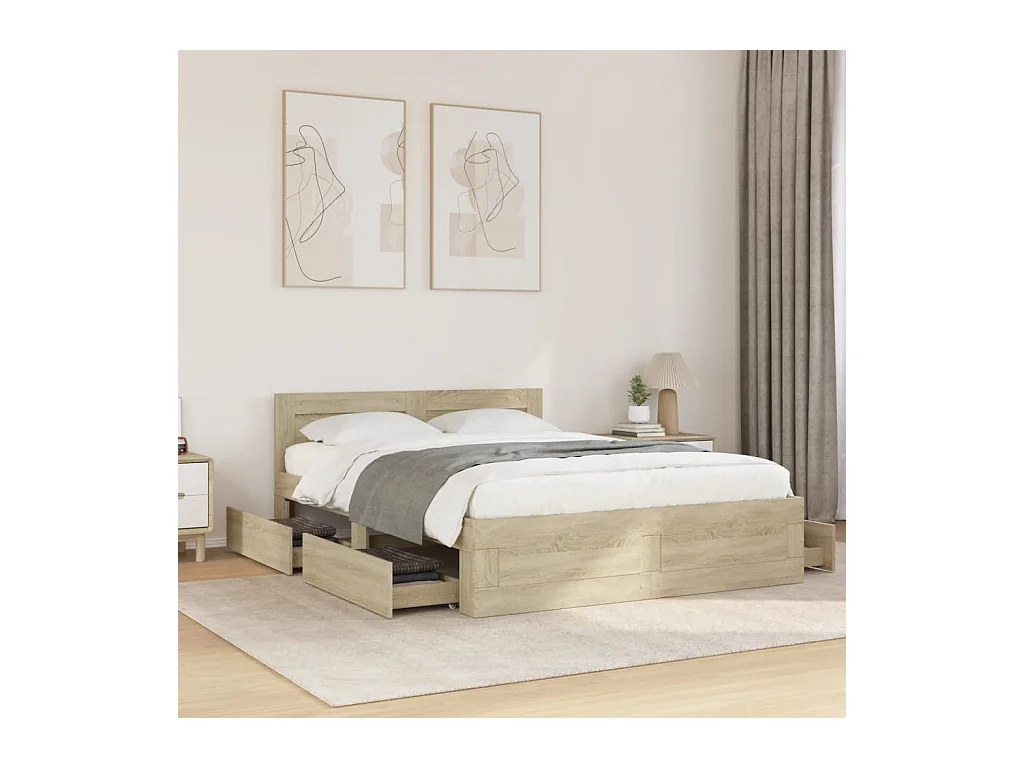 Cadre de lit et tête de lit sans matelas chêne sonoma 135x190cm