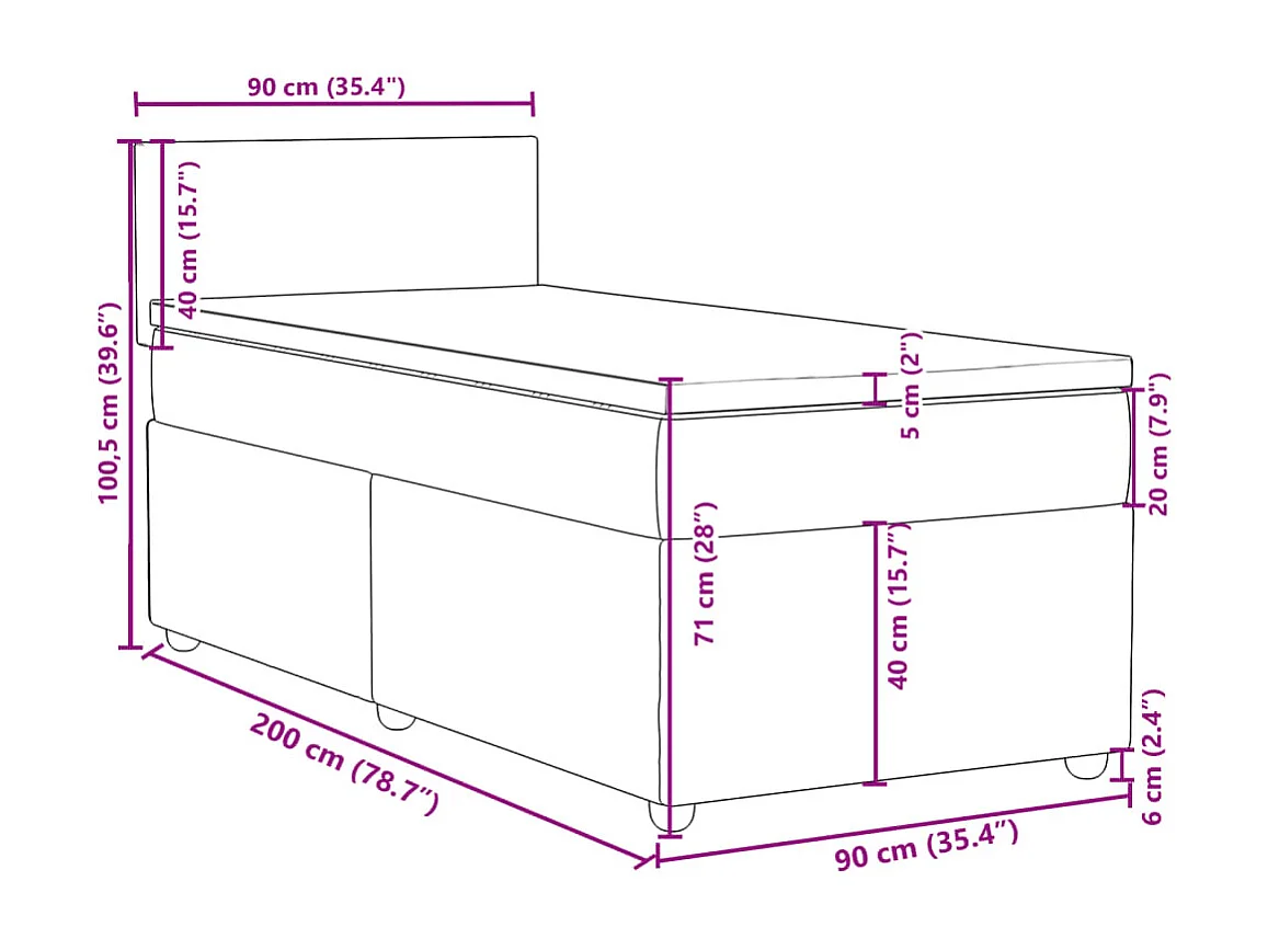 Cama box spring con colchón tela marrón oscuro 90x200 cm